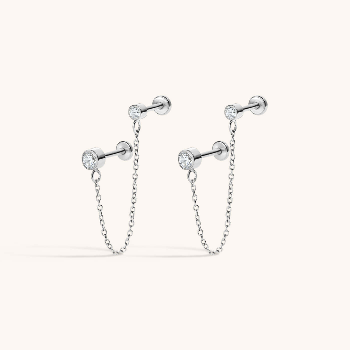 Tiny Crystal Duo Chain Nap Earrings - Silver