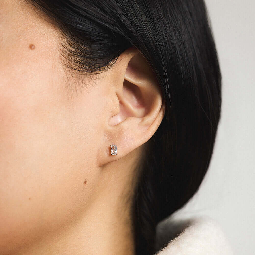 Mini Celestial Crystal Emerald Cut Nap Earrings - Gold - On Model