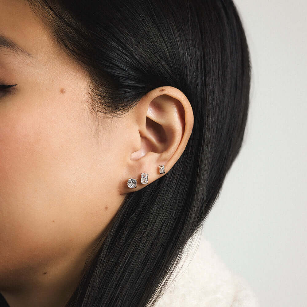 Celestial Crystal Cushion Nap Earrings, Celestial Crystal Emeral Cut Nap Earrings and Mini Celestial Crystal Emerald Cut Nap Earrings - Gold - On Model