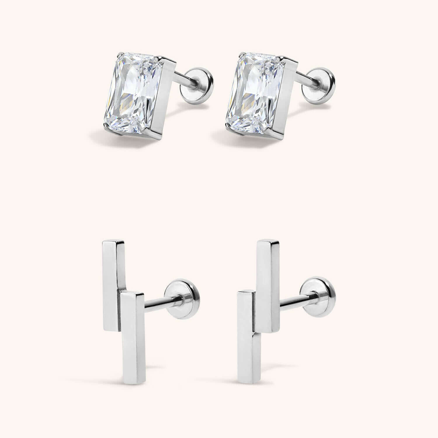 The Modernist Nap Earrings Duo - Celestial Crystal Emerald Cut Nap Earrings and Lightning Bar Nap Earrings in Silver