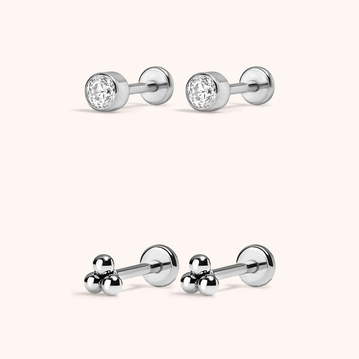 Minimalist Nap Earrings Duo - Tiny Crystal Nap Earrings and Tiny Trinity Nap Earrings in Silver