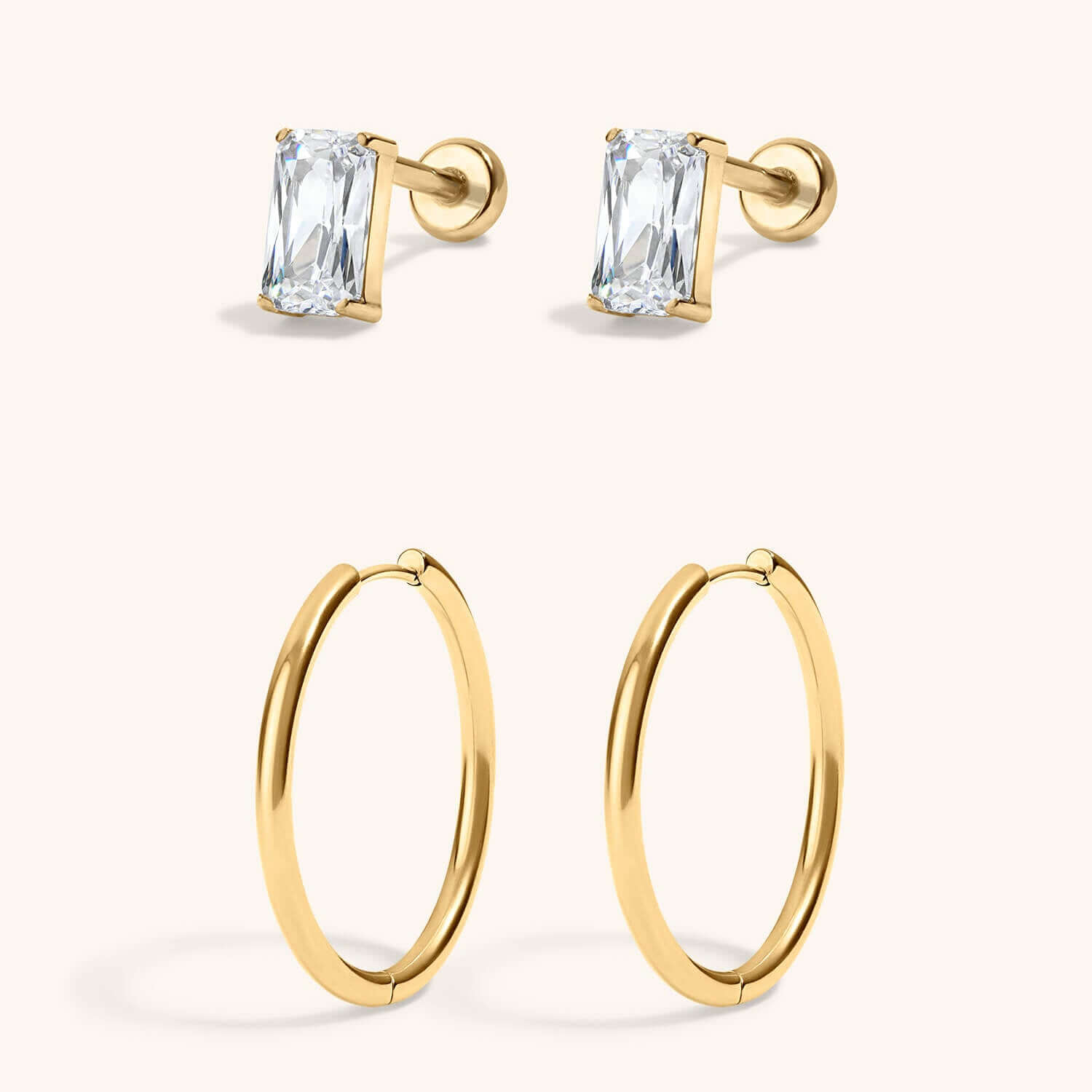 Modern Essentials Duo - Mini Celestial Crystal Emerald Cut Nap Earrings and Classic 1" Hoops in Titanium Gold