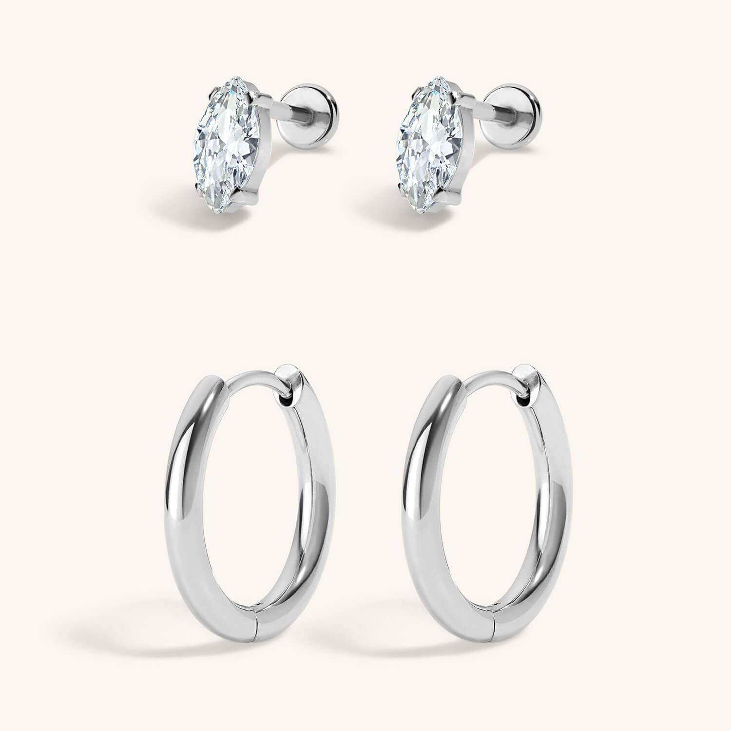 The Signature Essentials Duo - Mini Crystal Marquise Nap Earrings and Classic Hoops in Titanium Silver