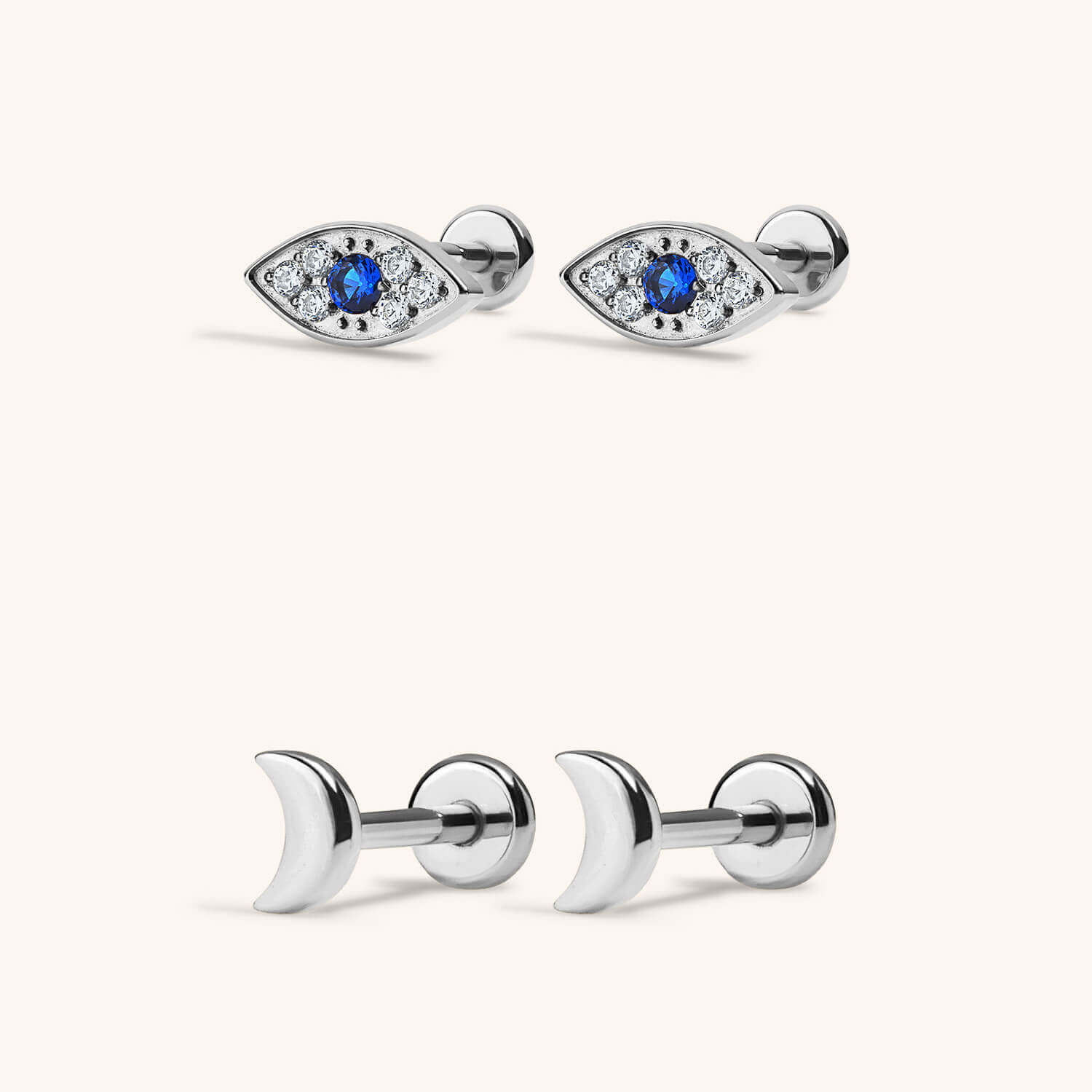 Cosmic Nap Earrings Duo - Evil Eye Nap Earrings and Classic Moon Nap Earrings in Silver