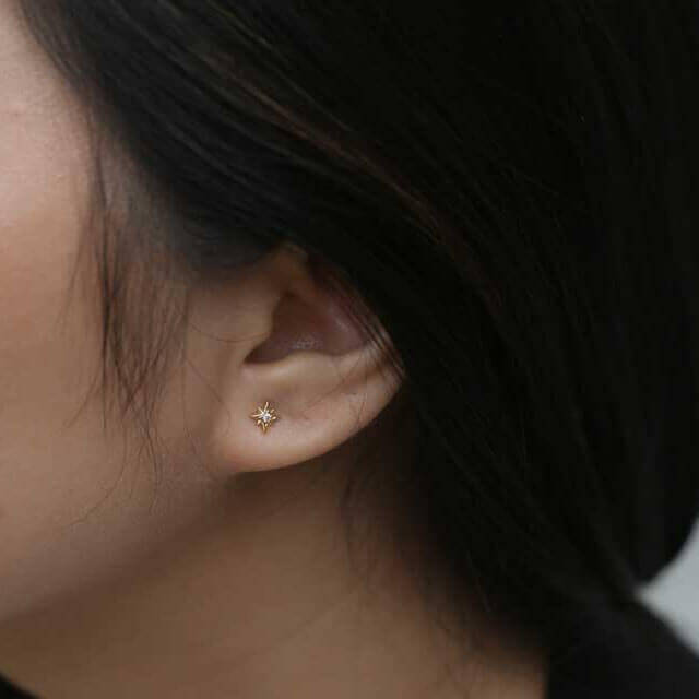 North Star Threaded Flat Back Earring (Titanium - Gold) on model