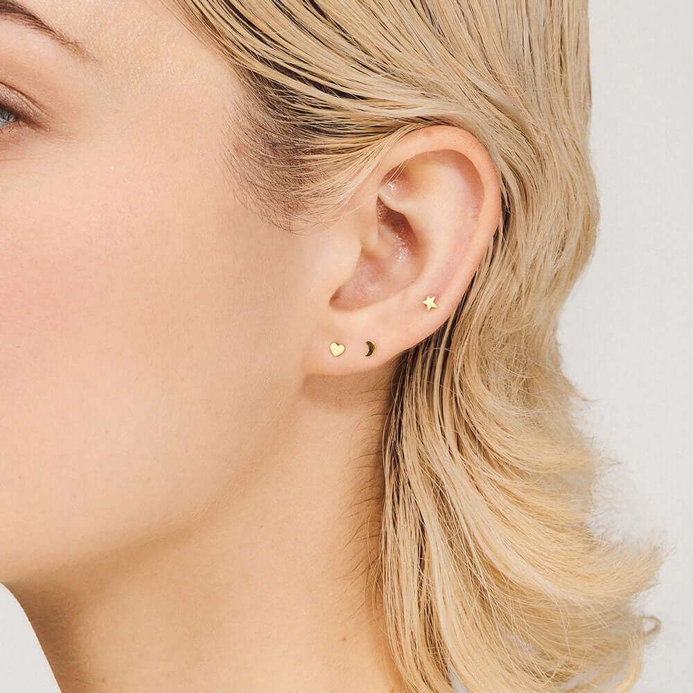 Classic Heart, Classic Moon and Classic Star Push Pin Flat Back Earring in gold on Model