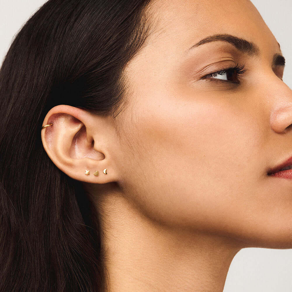 Classic Heart, Classic Moon and Classic Star Push Pin Flat Back Earring in gold on Model