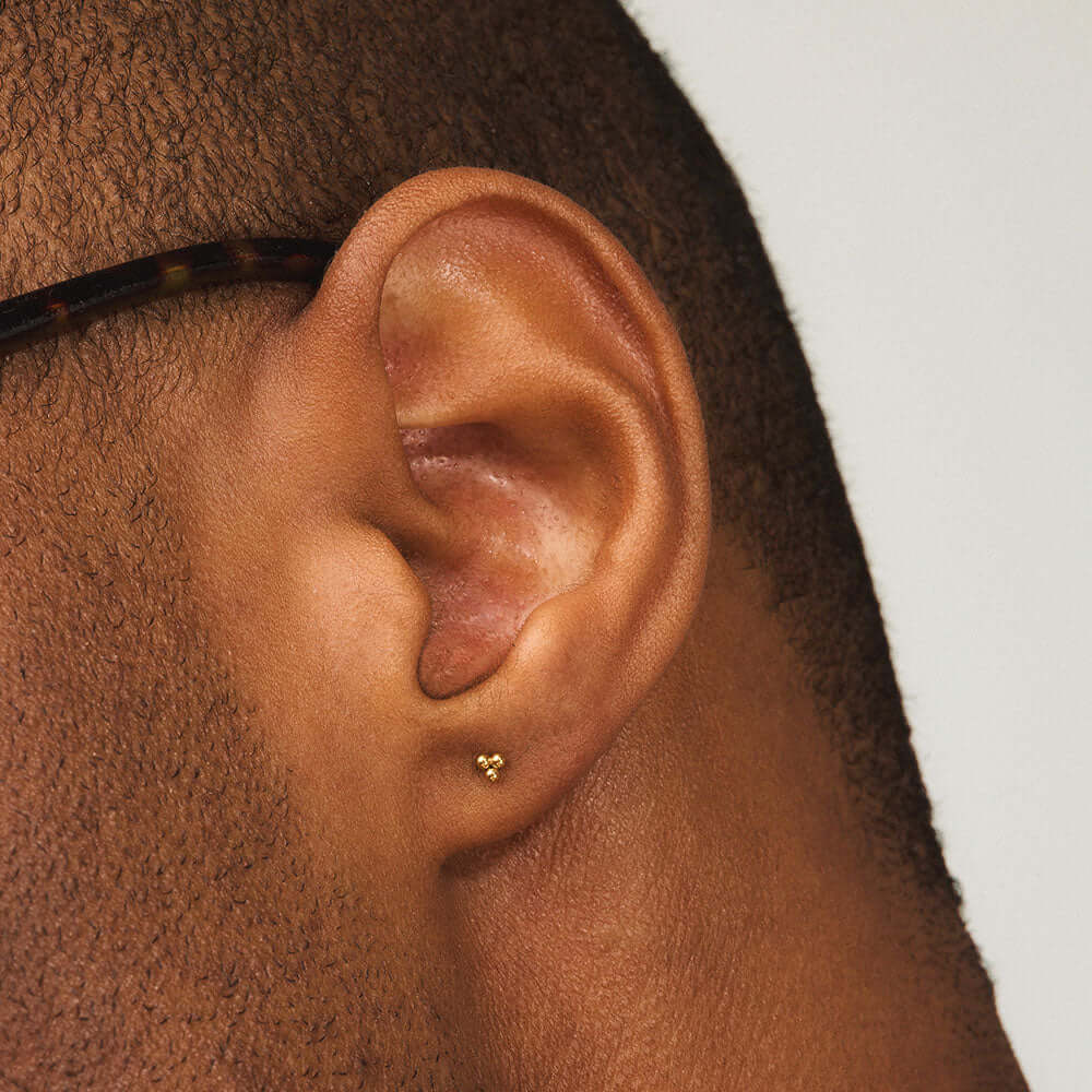 Tiny Trinity Nap Earrings (Gold) on model