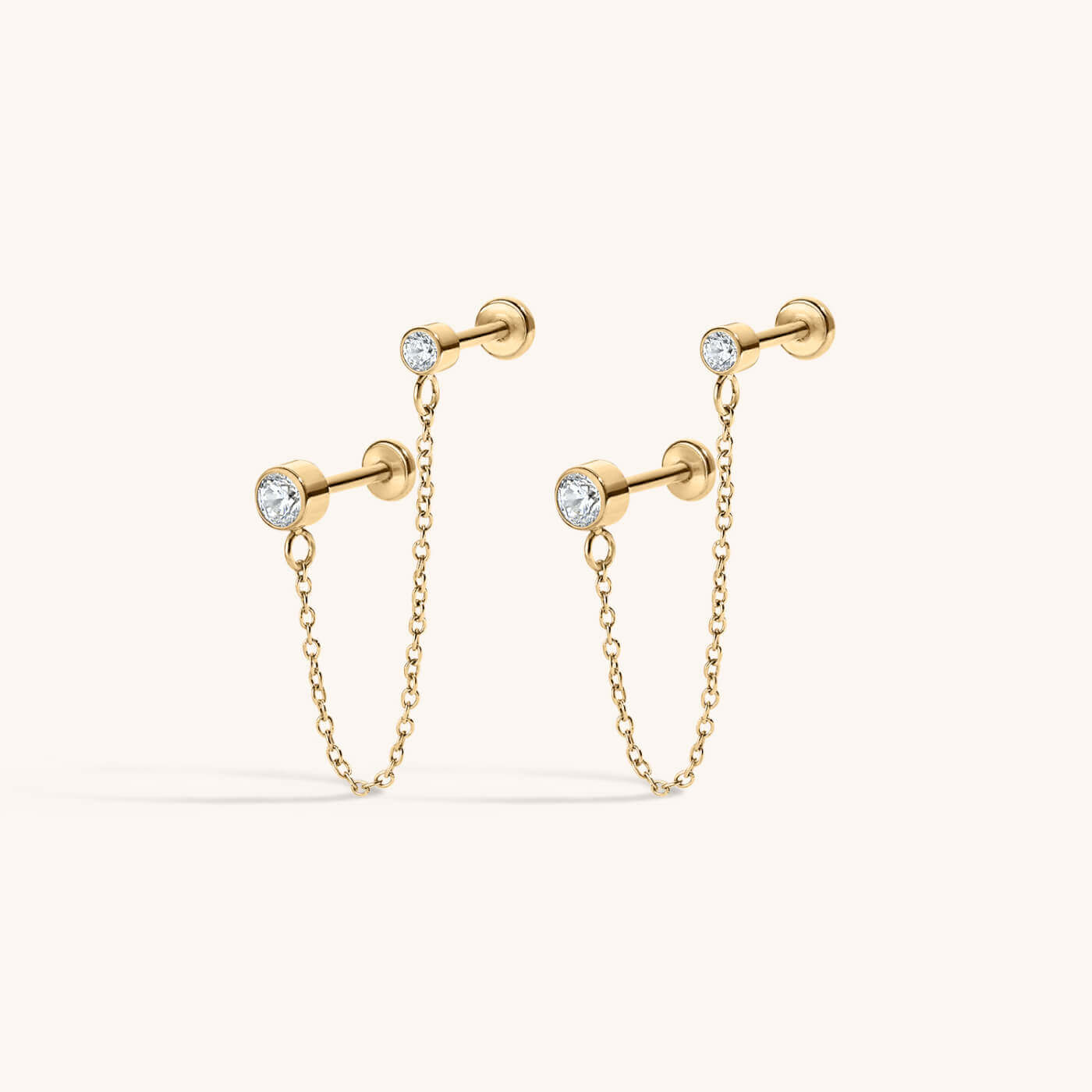 Tiny Crystal Duo Chain Nap Earrings - Gold