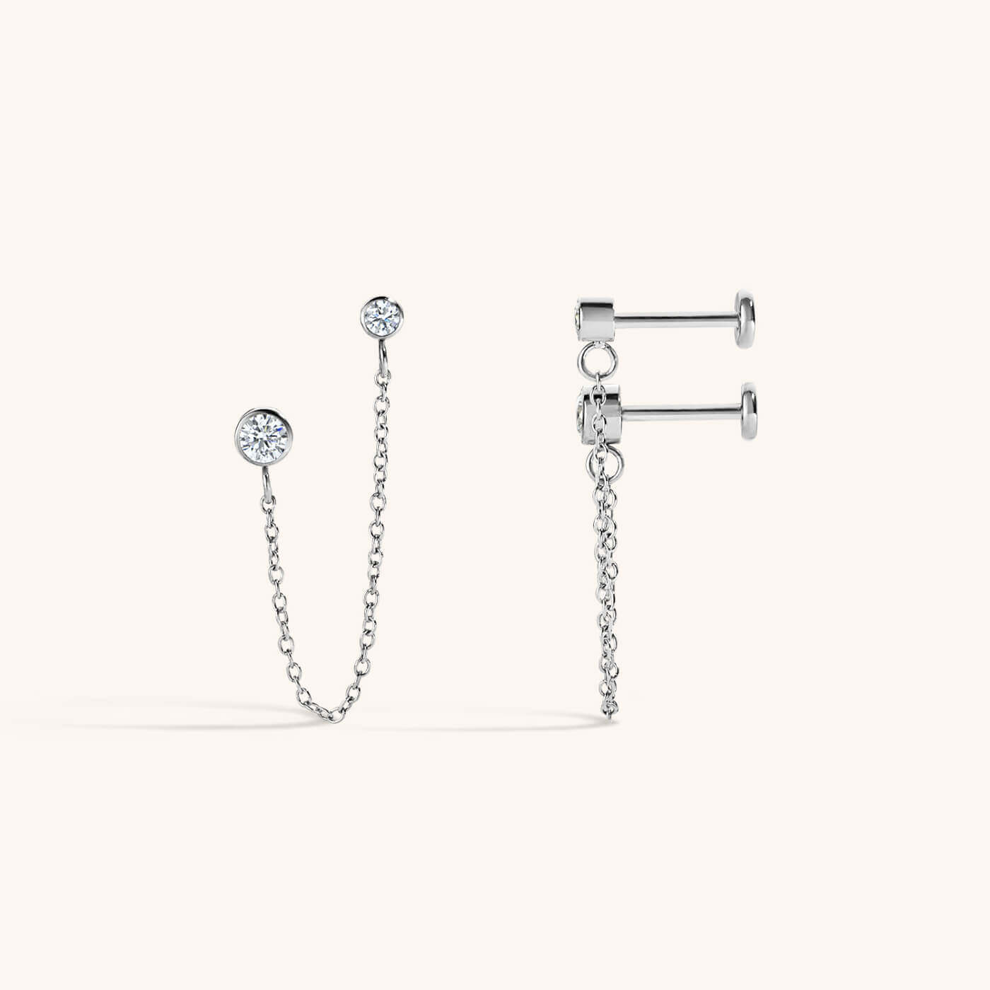 Tiny Crystal Duo Chain Nap Earrings - Silver