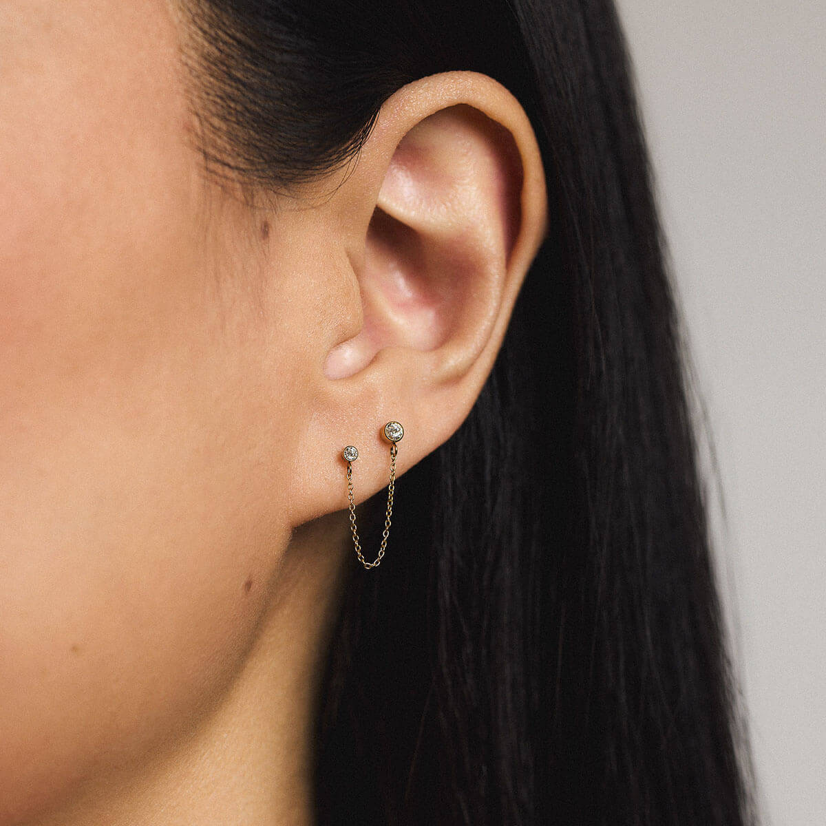 Tiny Crystal Duo Chain Nap Earrings - Gold - On Model