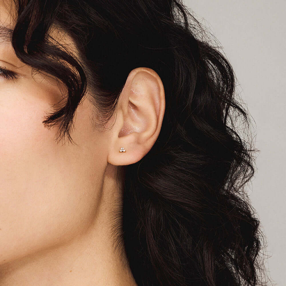 Mini Crystal Trinity Push Pin Flat Back Earring in Gold on model