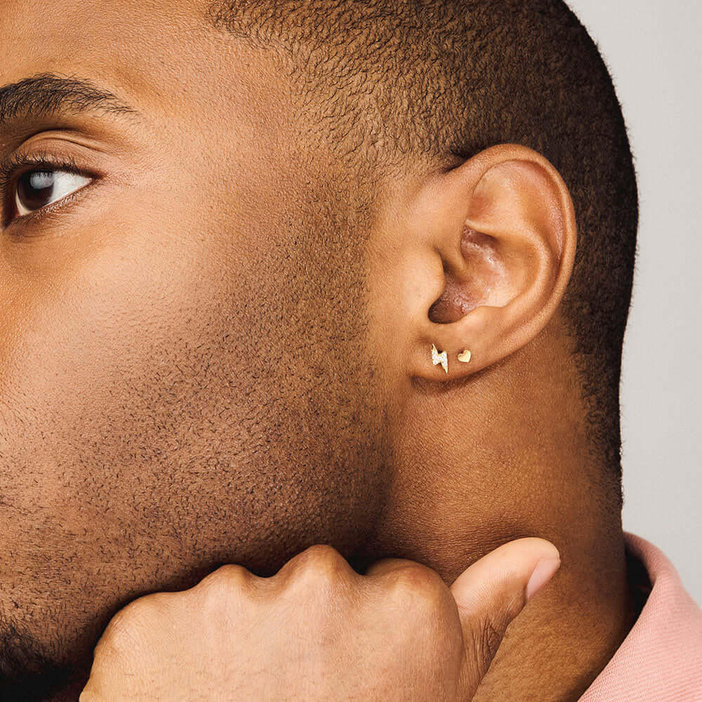 Pave Lightning and Classic Heart Push Pin Flat Back Earring in gold on model