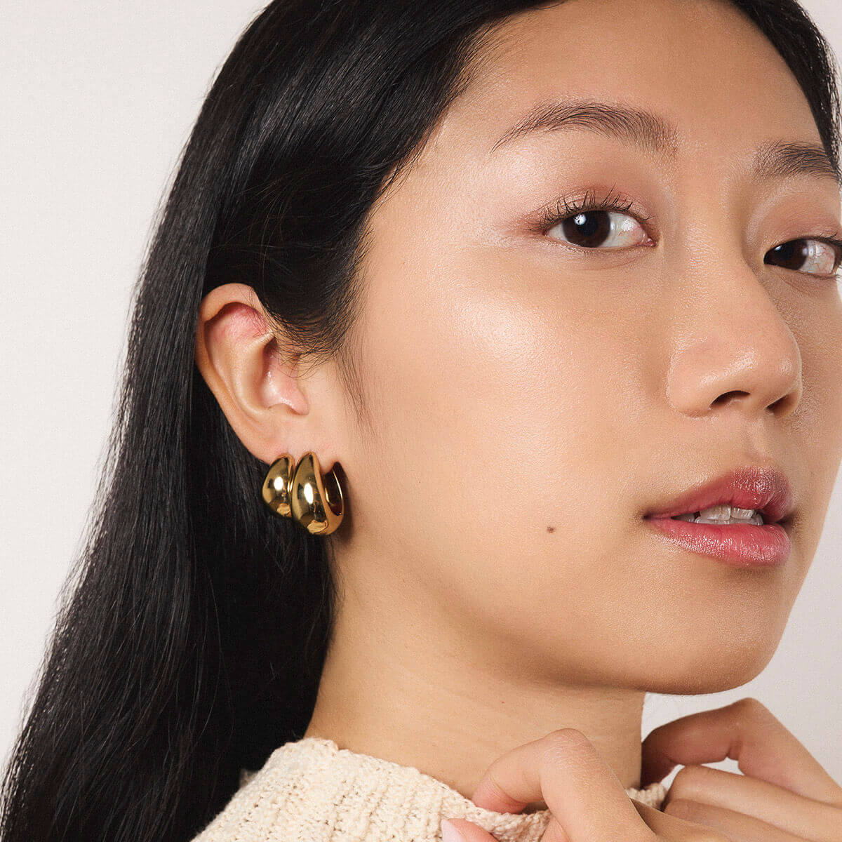 Mini Dewdrop Hoops and Dewdrop Hoops in Titanium - On Model (Gold)