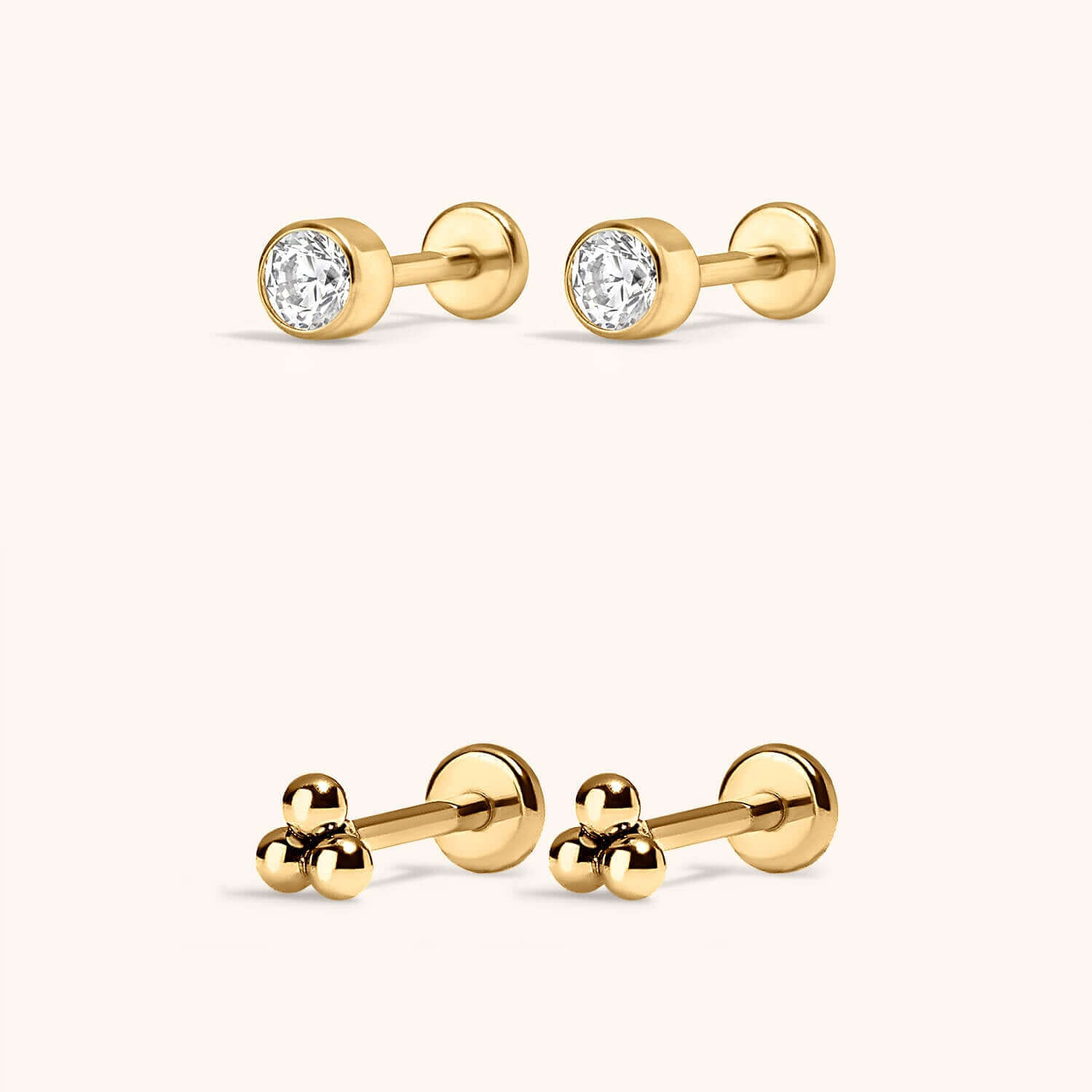 Minimalist Nap Earrings Duo - Tiny Crystal Nap Earrings and Tiny Trinity Nap Earrings in Gold