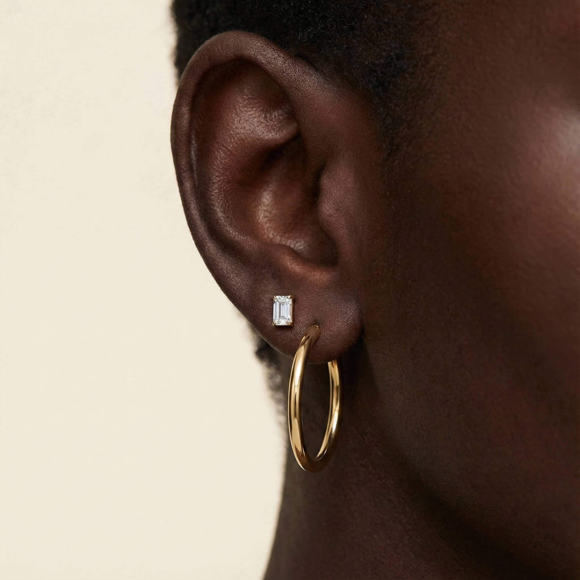Modern Essentials Duo - Mini Celestial Crystal Emerald Cut Nap Earrings and Classic 1" Hoops in Titanium (Gold) on model