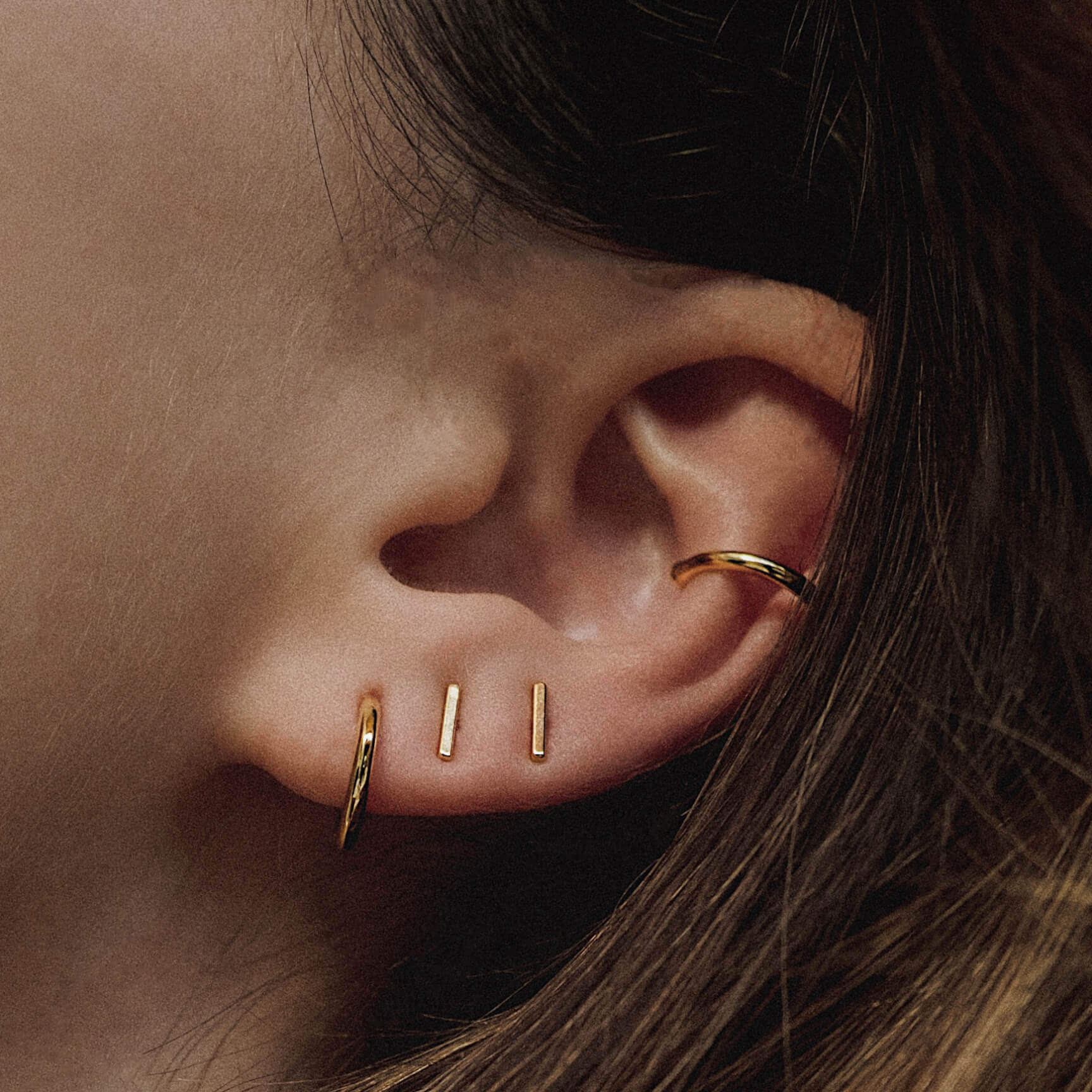 Little Bar Nap Earrings in Titanium (Gold) on model